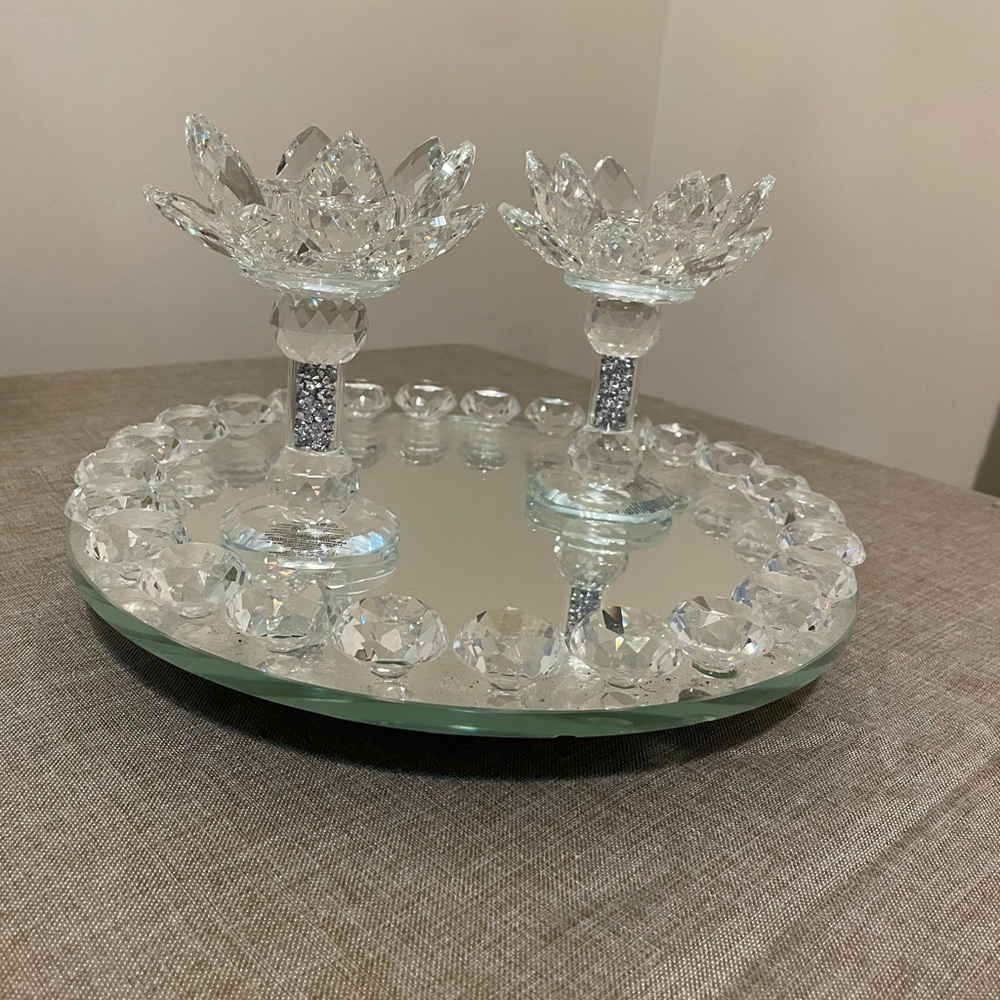 Crystal Candle Holders with Mirror Tray